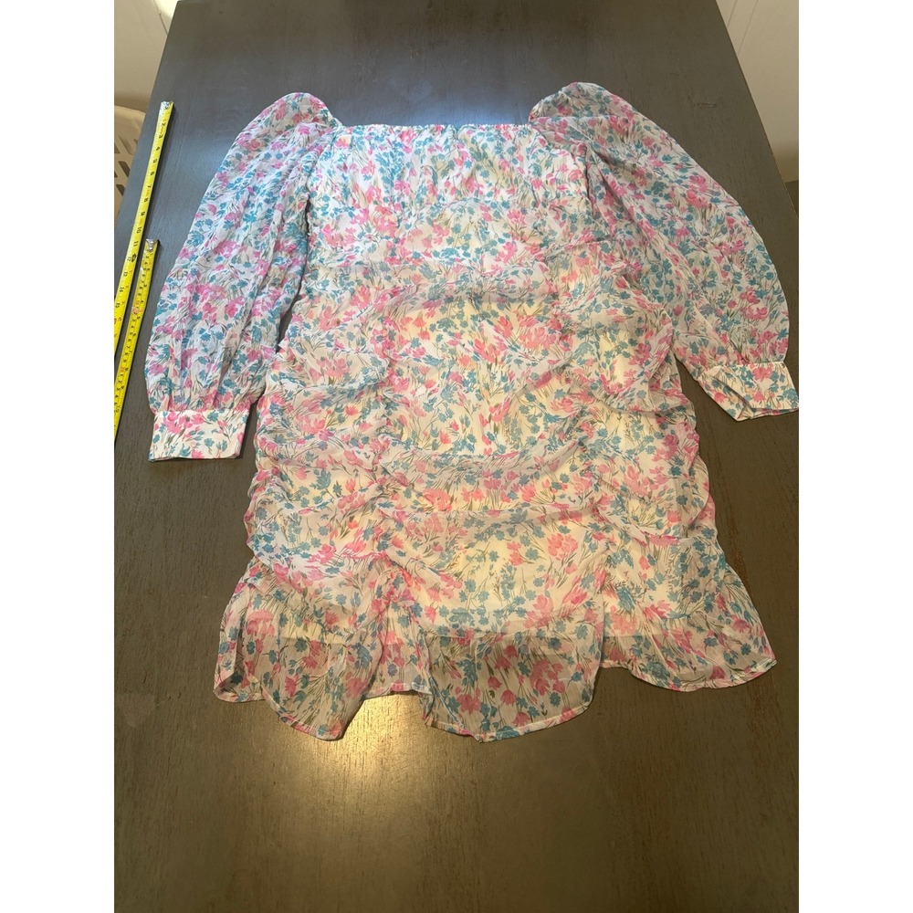 EillyBazar Floral Ruched Mini Dress Pink Blue White Square Neck Puff Sleeve L